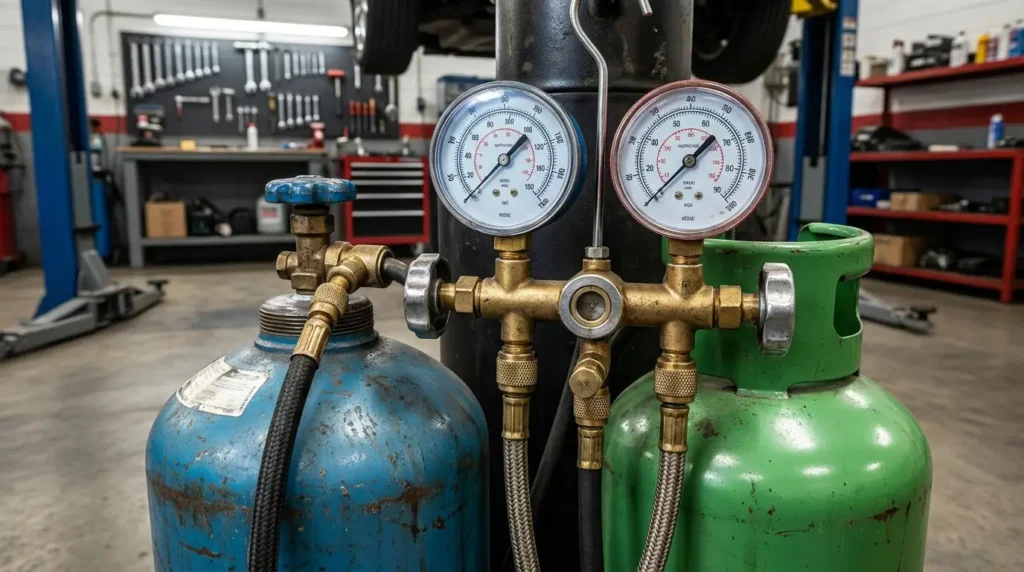 Klima Gazı Dolumu 2026: R134a vs R1234yf Fiyatları ve Bilmeniz Gerekenler Klima gazı dolum istasyonu, manometre göstergeleri ve iki farklı tipte gaz tankı
